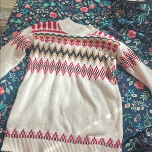 Cozy White and Red Patterned Sweater